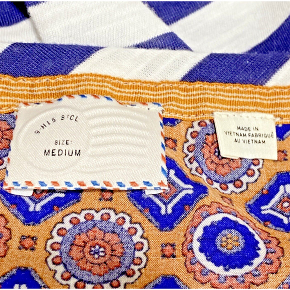 Anthropologie Postage Stamp Shirt Navy Striped Size M Roll Tab Sleeves Boho Chic - Picture 9 of 10